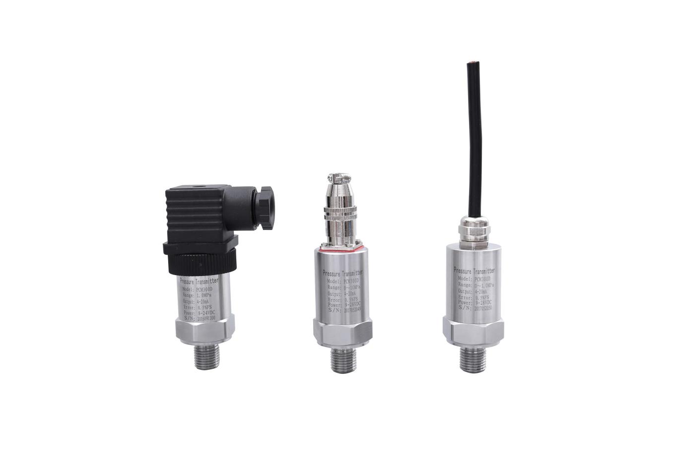 PCM300系列壓力變送器為不銹鋼圓筒外殼，采用直接引線或國際通用的DIN43650赫斯曼接線盒。外殼防護等級高，因為其精巧的外形，主要適用于室內及機械設備的配套上，廣泛應用于對各種氣體、液體和蒸汽的壓力、液位的自動化檢測和控制中，測量范圍廣、精度高、穩定性好、性能可靠、安裝使用方便等特點，具有反向極性保護、防雷擊性能好，抗射頻干擾能力強。該產品廣泛應用于石油、化工、冶金、航空、航天、醫療設備、車輛、制冷機、壓縮機等行業的過程控制及測量。